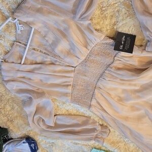 (3-7) SoieBlu low V neck semi formal dress long sleeve sheer and lined size sm
